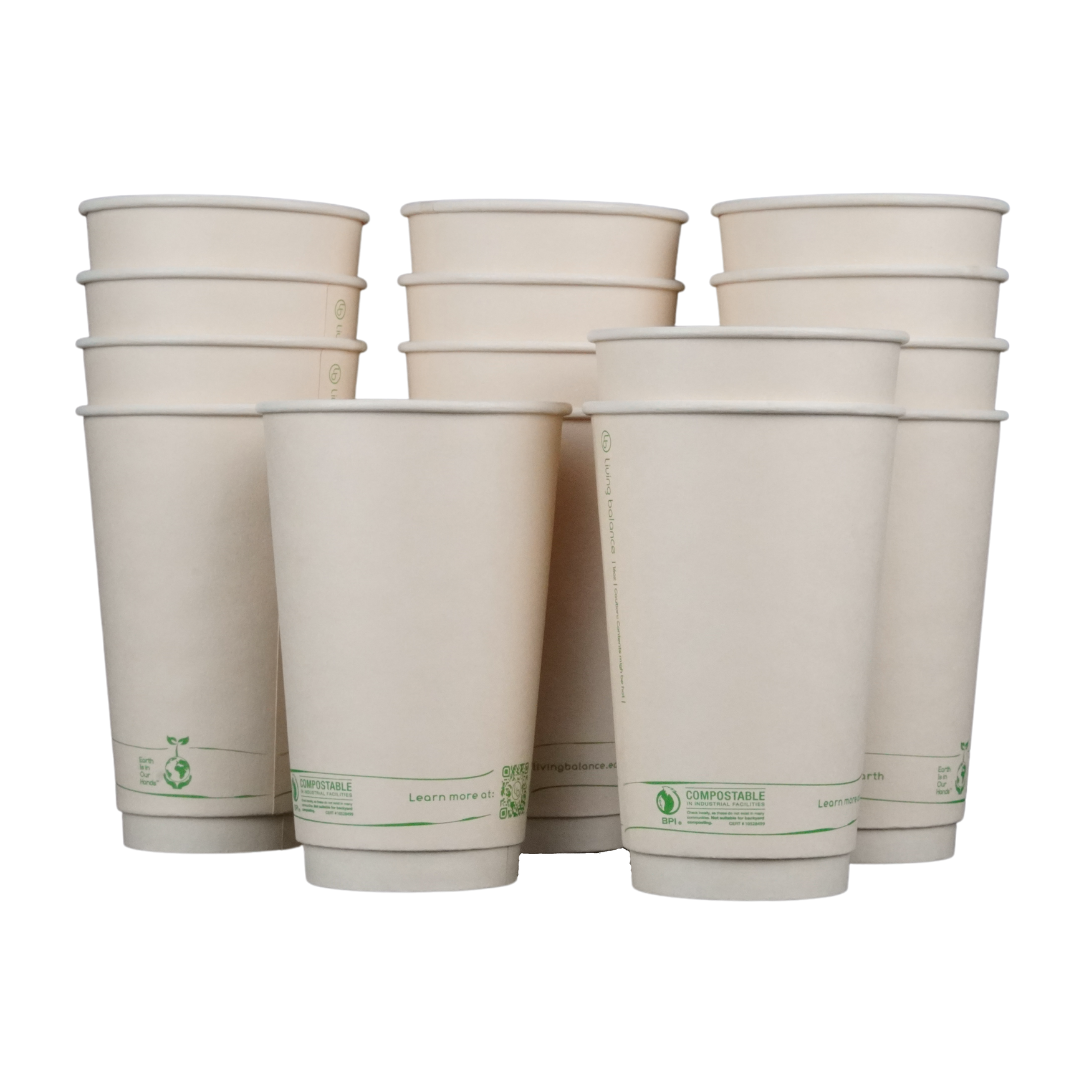 16oz cups only 16oz Plastic-free disposable cups by Living Balance. 90 cups with Integrated Sleeves. Best alternatives to plastic cups.